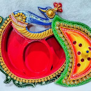 Wooden Panited Serving Tray Peacock Style Hand Made (10" x 12" x 4") - Multicolor