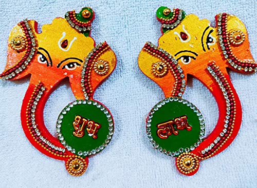 Ganesha Shubh Labh Door Hanging Wooden - Big Handmade Stickers 5"Inch for Wall &Temple Decoration