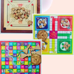 Wooden Toy Set of 3 For Laddu Gopal ji - Ludo, Snakes & Ladder & Carrom Board Game 3 x 3 Inch