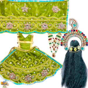 Rhinestone Poshak Combo For Devi Maa - Olive Green Lehnga Chunri Dress + Chandrika + Mala+ Hair