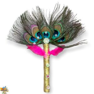 Mor Pankh and Kalangi Chadi - 5 Morpankh Natural Peacock Eye Feathers Stick for Laddu Gopal and Pooja Purpose (Golden)