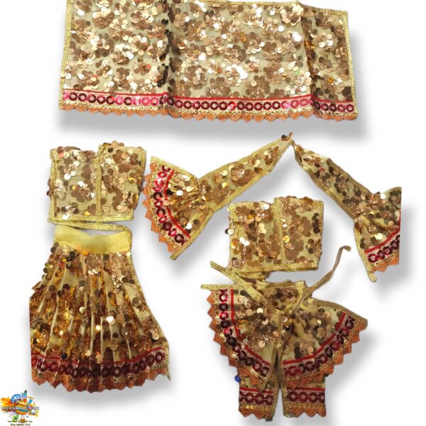 Golden Yellow Radha Krishna Pajama Poshak - Iskcon Pattern Net Fabric Yugal Jodi Dress in Metallic Shimmery Lace Works