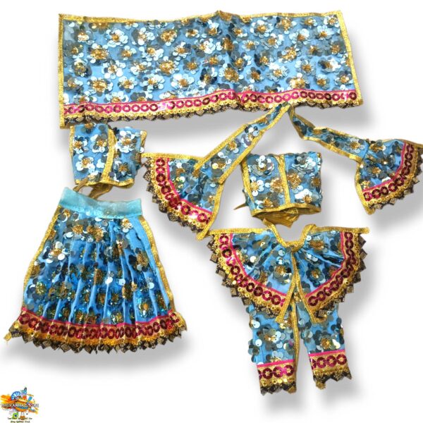 Sky Blue Radha Krishna Pajama Poshak - Iskcon Pattern Net Fabric Yugal Jodi Dress in Metallic Shimmery Lace Works