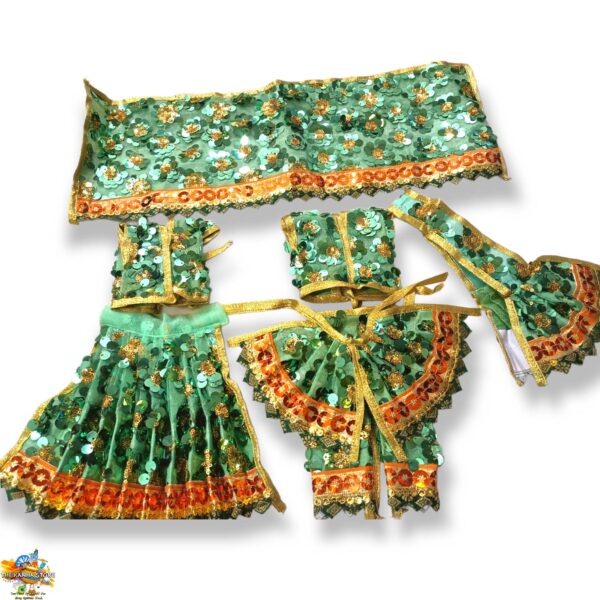 Parrot Green Radha Krishna Pajama Poshak - Iskcon Pattern Net Fabric Yugal Jodi Dress in Metallic Shimmery Lace Works