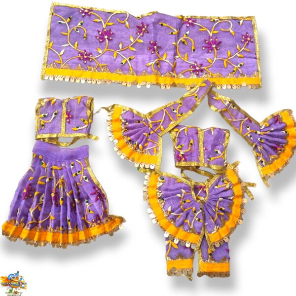 Purple Pajama Poshak For Radha Krishna - Iskcon Pattern Silk Embroidery Designer Yugal Jodi Dress in Royal Golden Lace Work