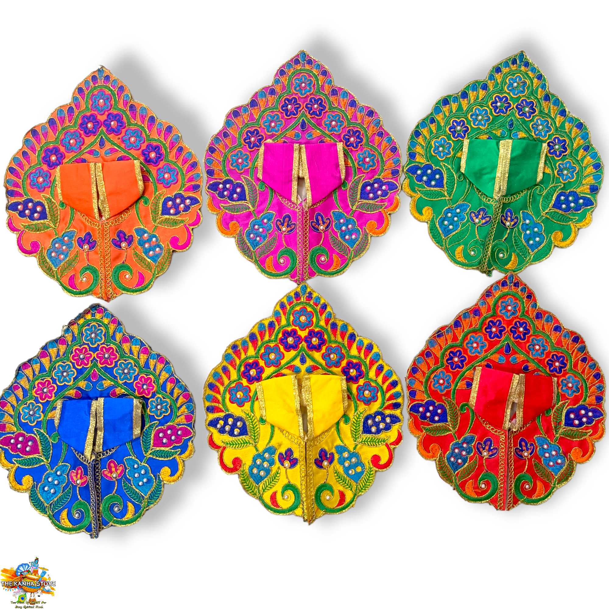 Leaf Laddu Gopal Poshak Set of 6 - Silk Fabric Embroidery Dress in 6 Bright Colors For Bal Gopal Size 0 to 6 no.