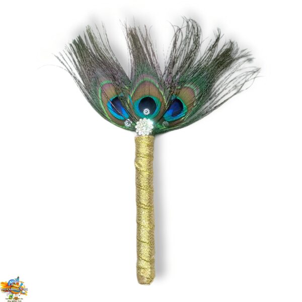 3 Feather MorPankh Chadi - Morpankh Natural Peacock Eye Feathers Stick for Laddu Gopal and Pooja Purpose