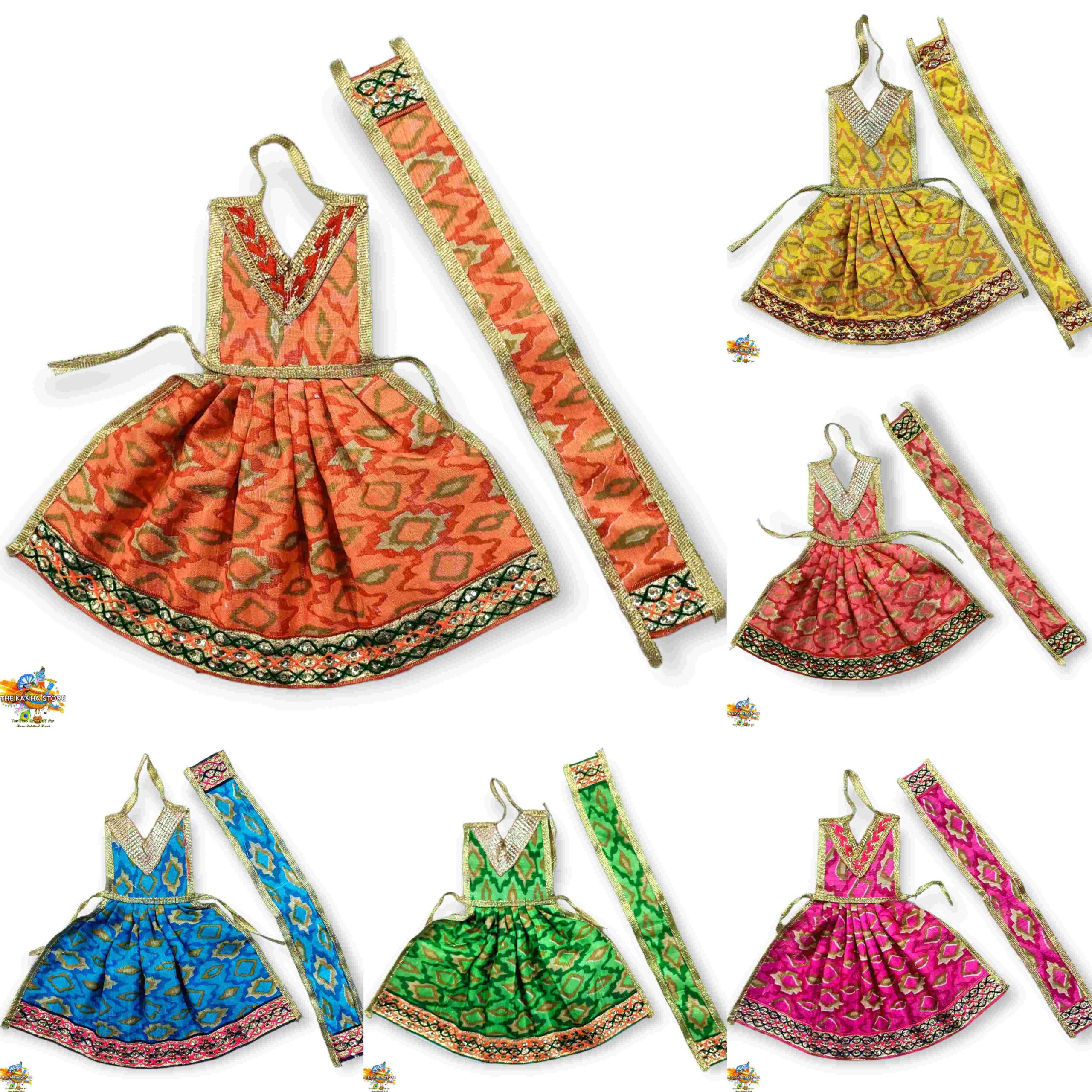 Silk Jama Dress Set of 6- Devi Poshak With Attached Choli and Patka Multicolor Dress Radha Rani & All Devi Idols