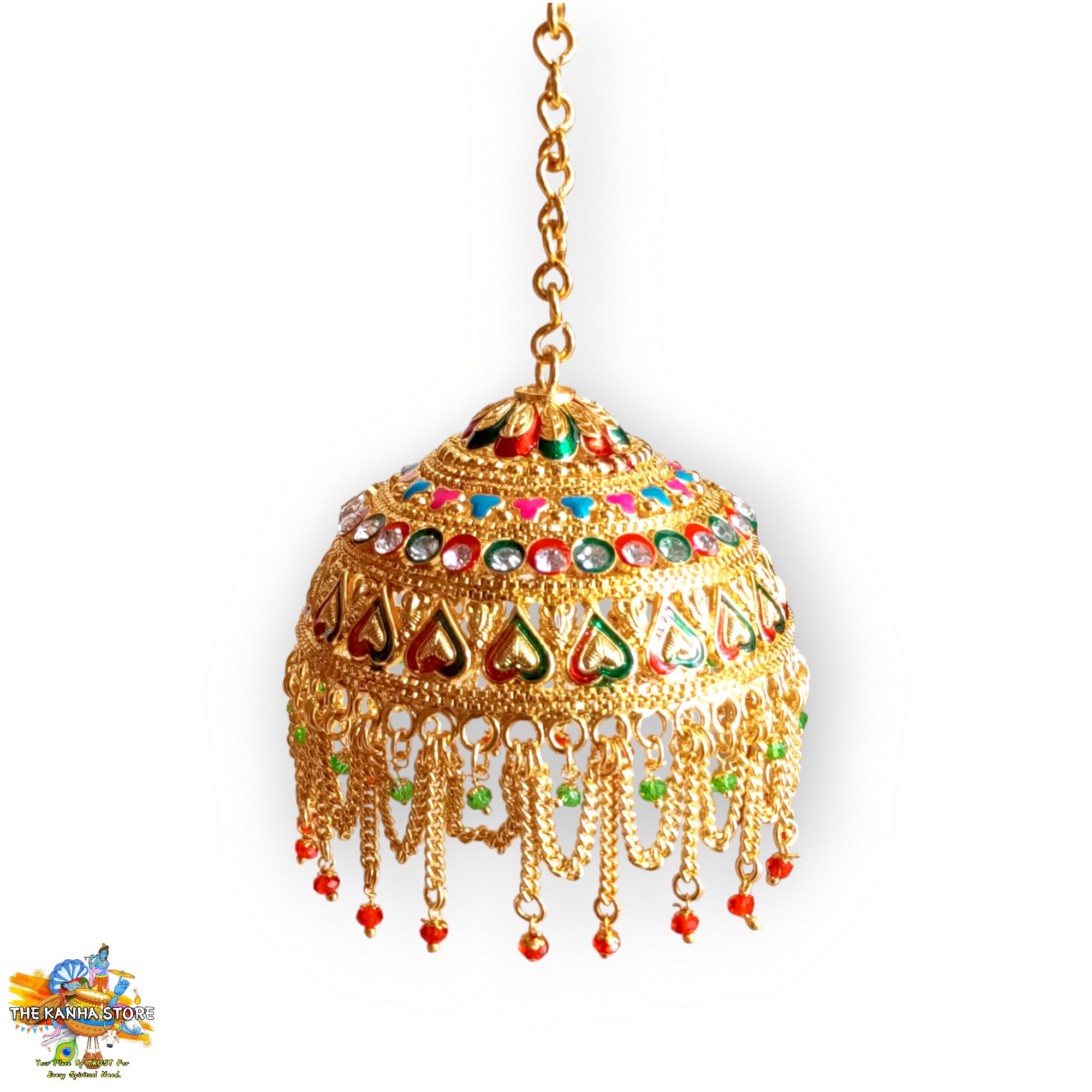 Jhankar Temple Chatra- with Attached Chain & Latkan – Royal Golden Metal Canopy For Puja Mandir