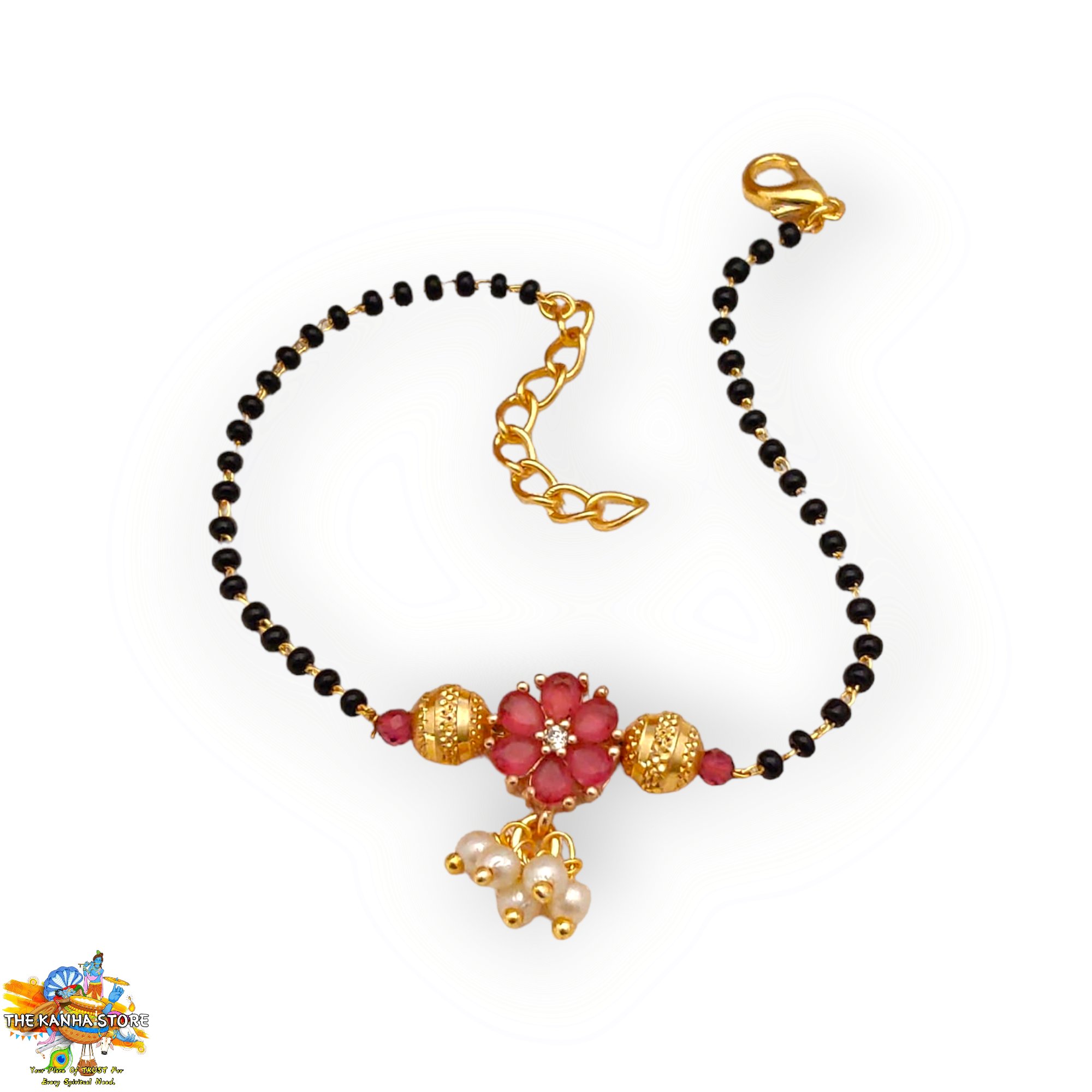 Flower Pendant Mangalsutra- AD Black Beads Mala For Radha Rani & Devi Maa Of All Size