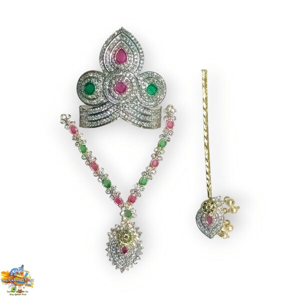 Silver AD Mukut Mala & Bansuri Combo Set- Metal Shringar For Laddu Gopal Size 1, 2, 3 & 4 no