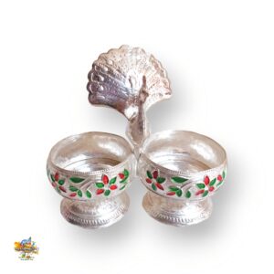 German Silver Haldi Kumkum Bowls- Peacock Design Roli Chawal Katori For Rakshabandhan, Diwali, & Gifting Purpos